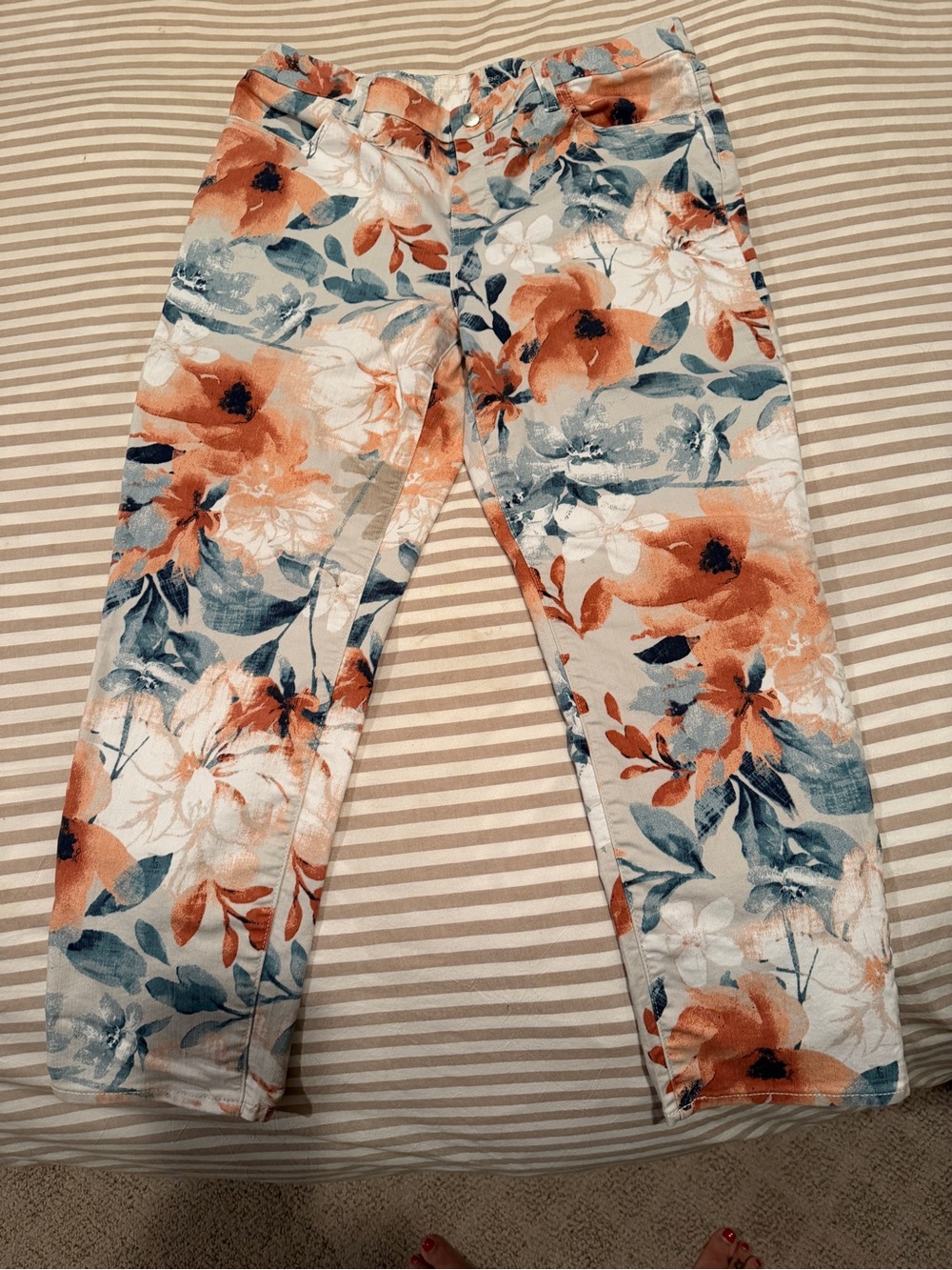 Chico's Floral Straight Leg Pants in Coral & Teal Blue